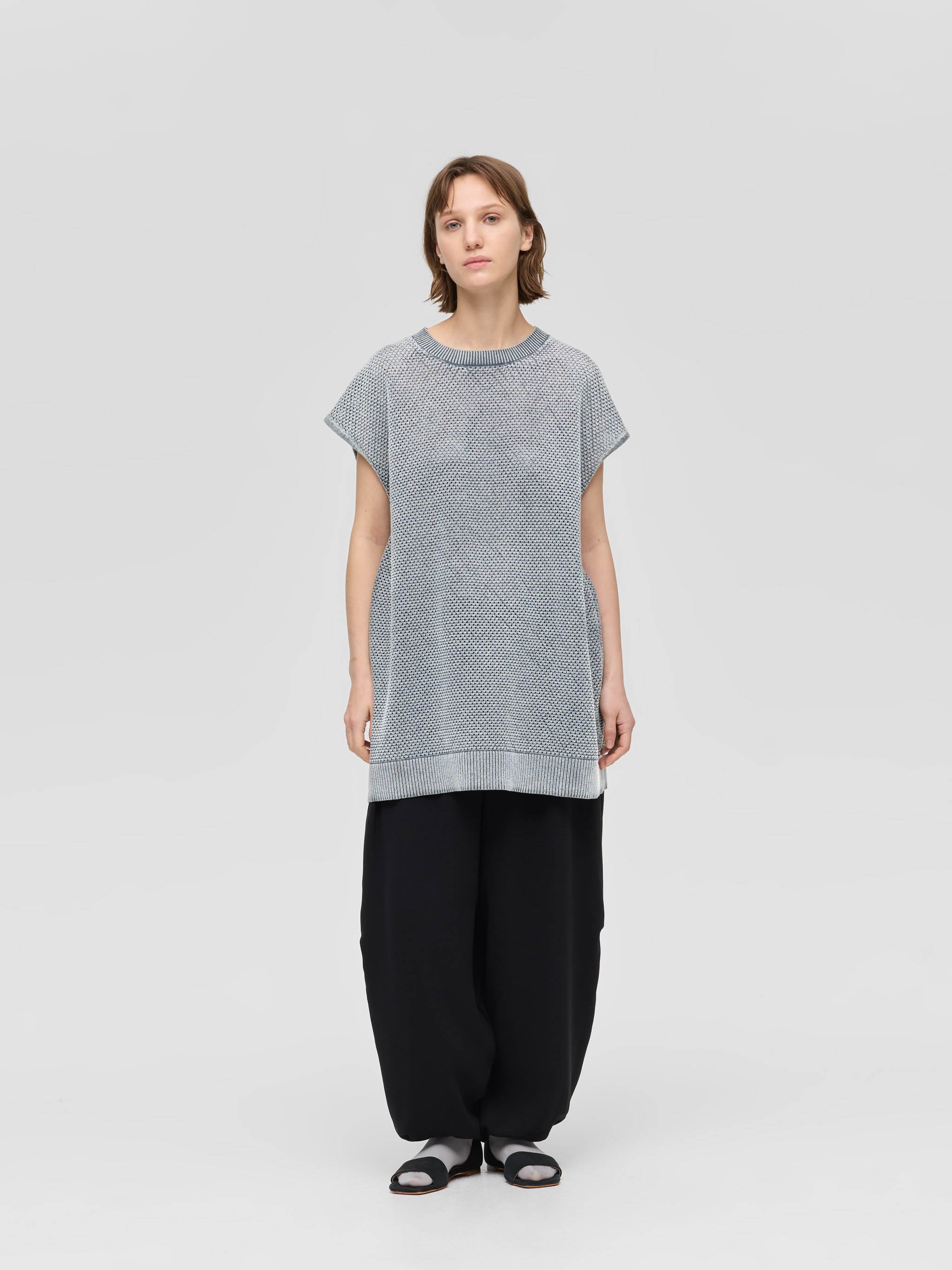 24SS即完モーガン蔵人着LOOSE KNIT LINEN VEST STONE stone wash mesh long vest | 1-220067 – mizuiro ind