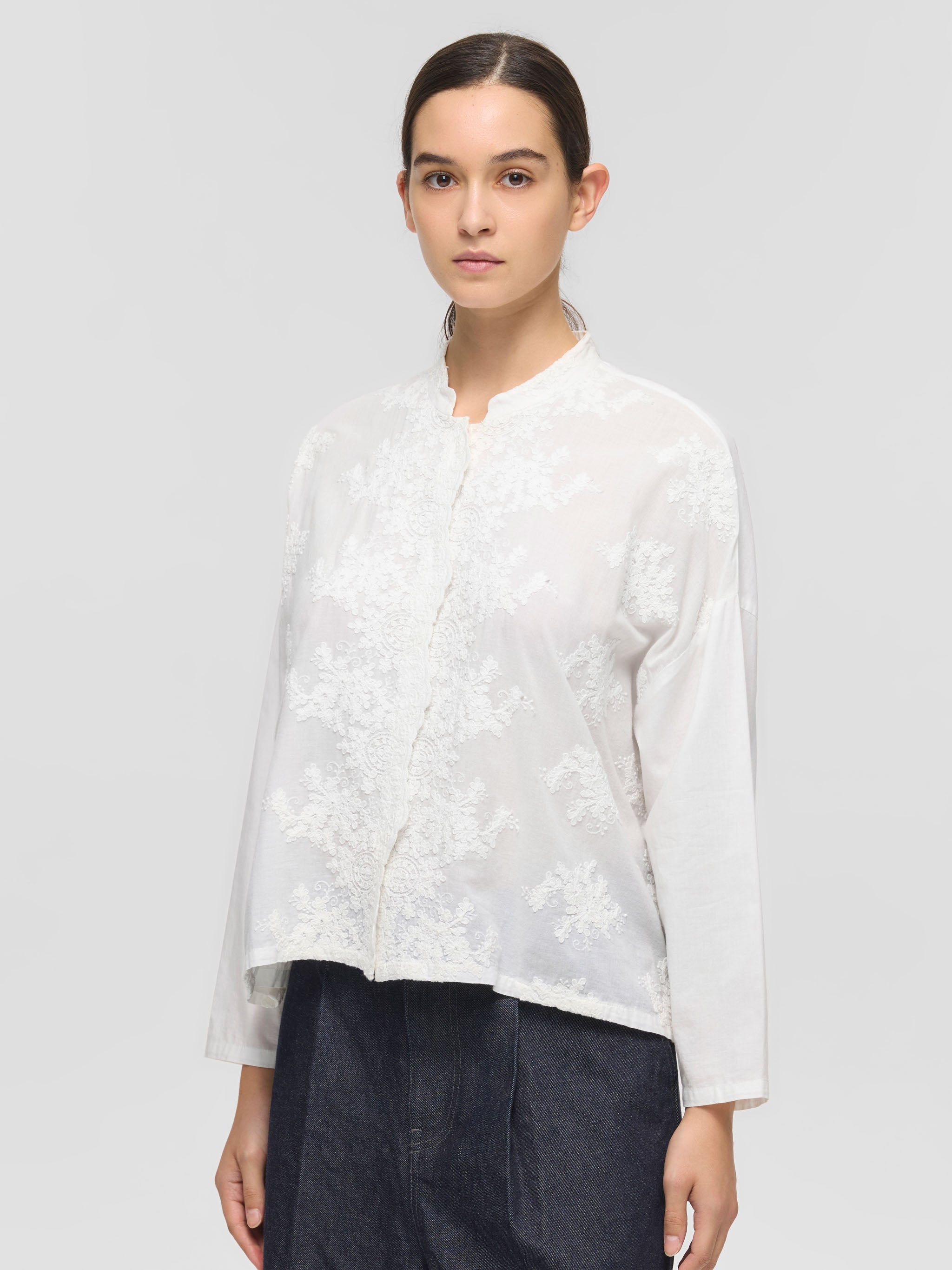 lace stand collar wide shirt | 1-239005 – mizuiro ind
