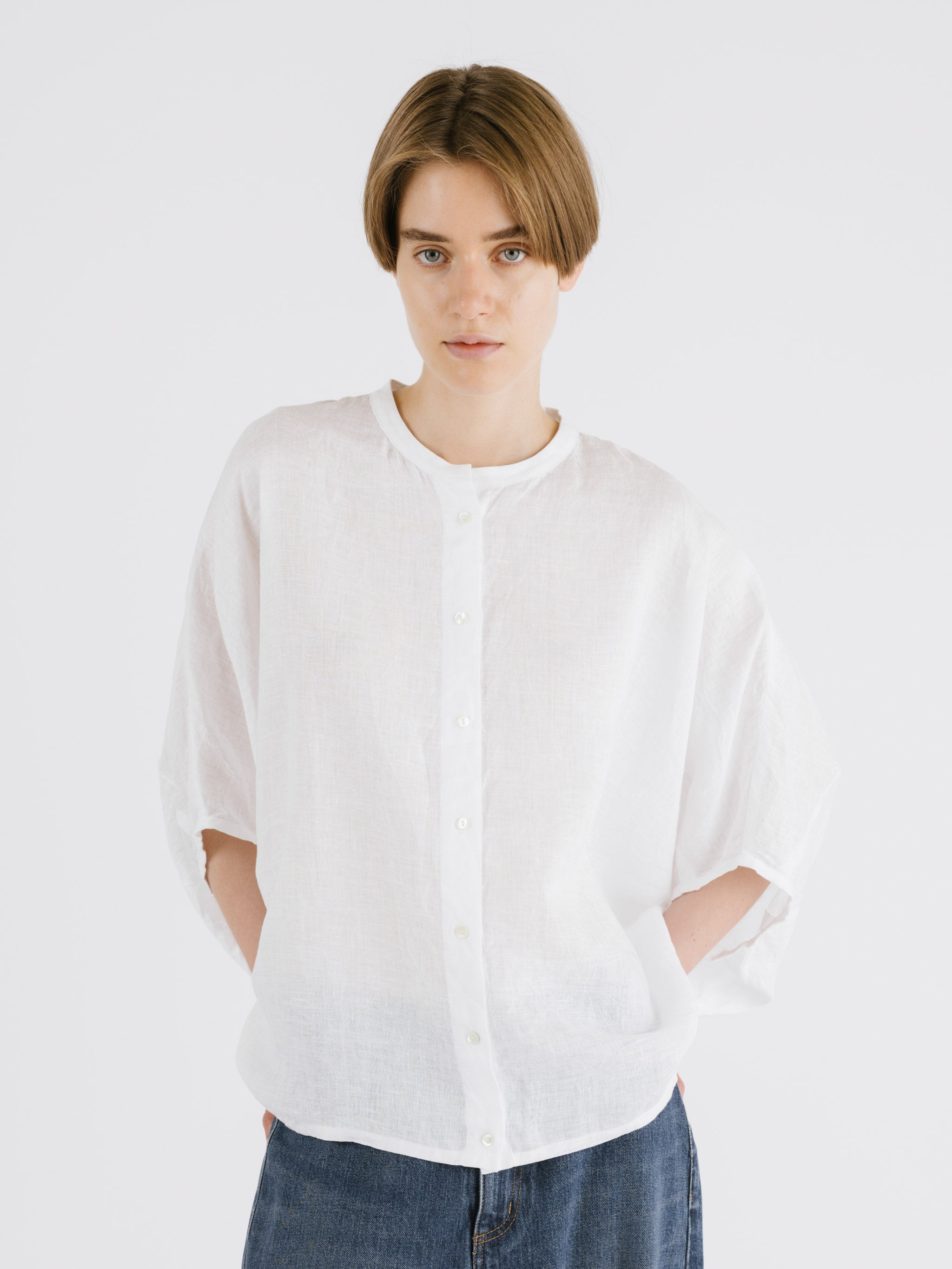 linen stand collar cocoon shirt | 2-230148 – mizuiro ind