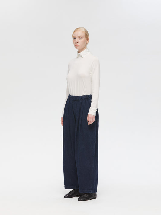 denim tucked wide pants | 3-260068