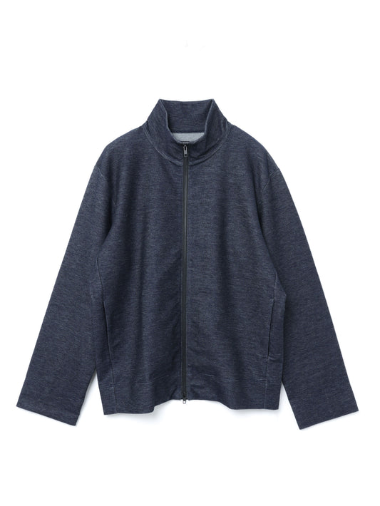 denim like zip hi-neck cardigan | 3-510019-w