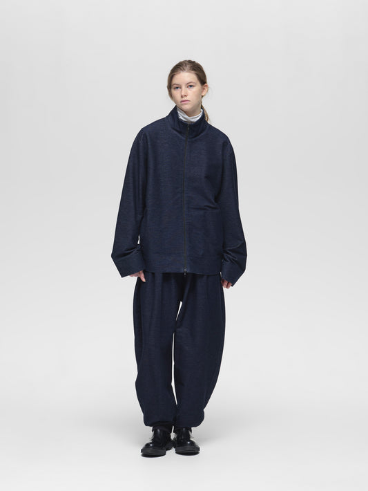 denim like zip hi-neck cardigan | 3-510019-w